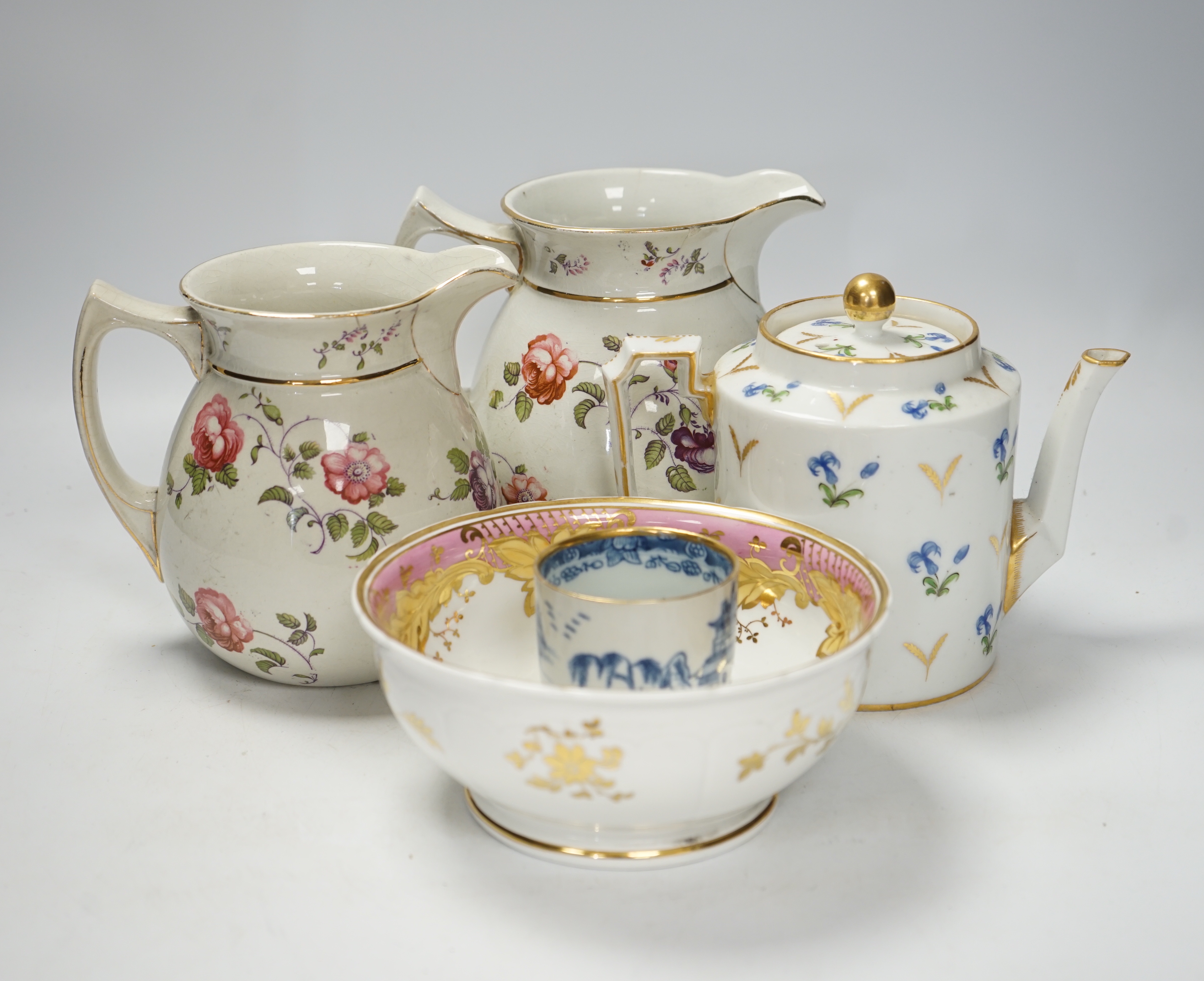 A group of assorted Victorian ceramics including pair of Winton jugs and blue and white wash basin, largest 46cm in diameter
